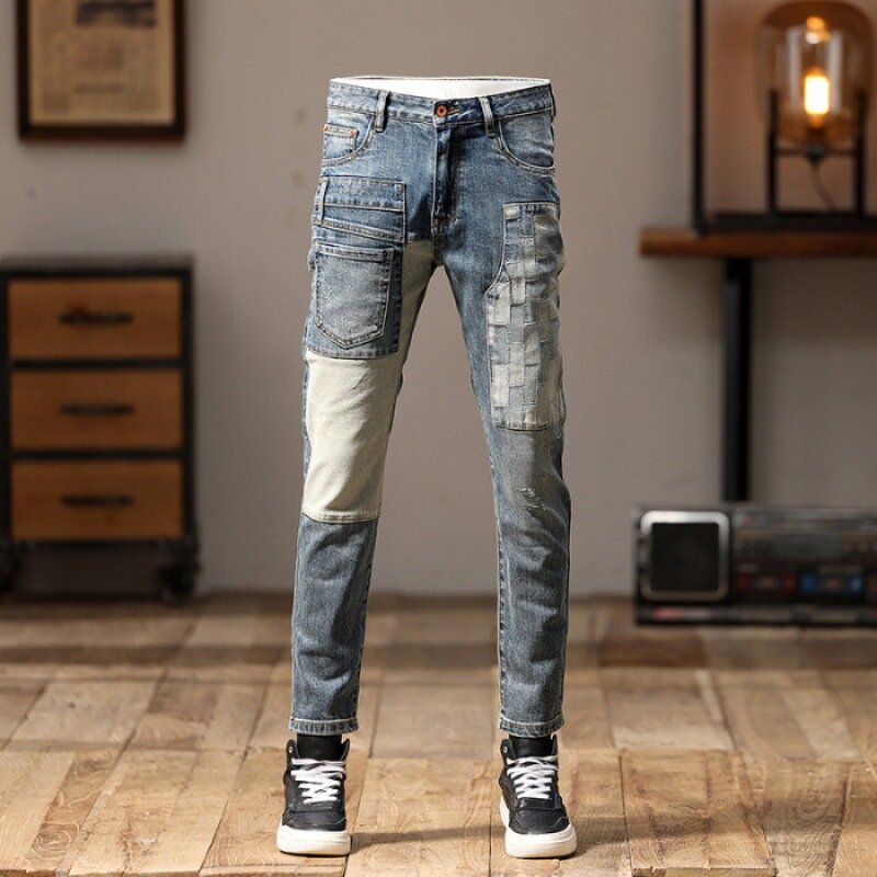 2024Cool Smart Jeans Men's Motorcycle Trendy Patchwork Fashion High-End Retro Stretch Slim Fit Skinny Pants