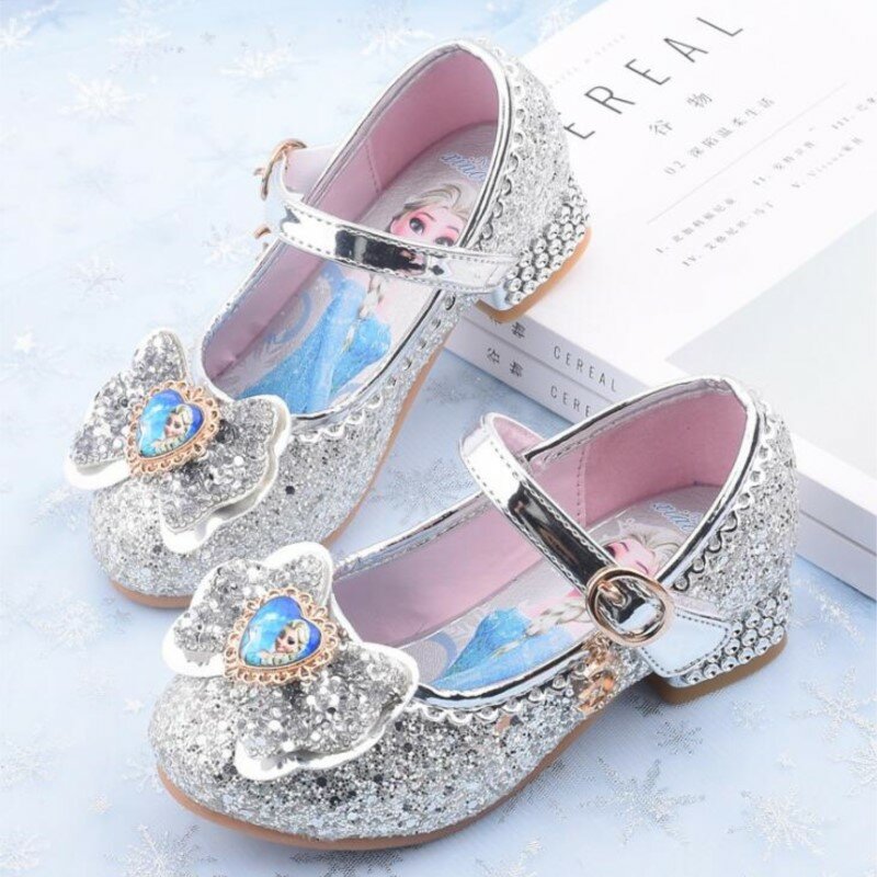 Zapatos informales de tacón alto para niña, zapatillas de dibujos animados de Frozen, princesa Elsa, zapatos de cuero con lazo