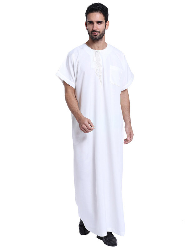 Arab pria Fashion jubah panjang lengan pendek leher bulat jubah pria antik warna Solid Muslim Kaftan kemeja panjang kasual Jubba Thobe