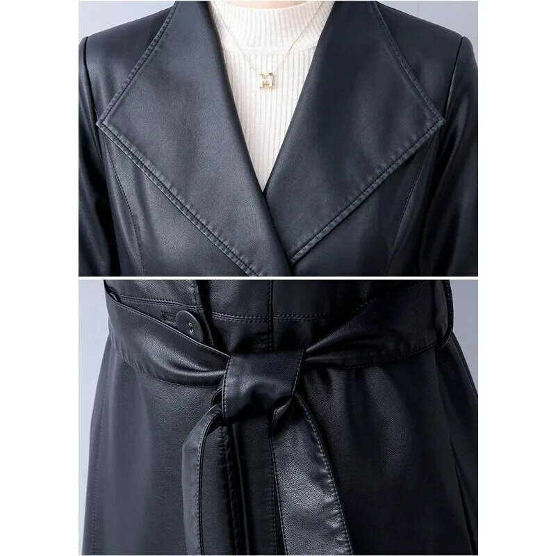 Кожаное пальто большого размера, элегантное женское кожаное пальто, модная Длинная Верхняя одежда на шнуровке в Корейском стиле