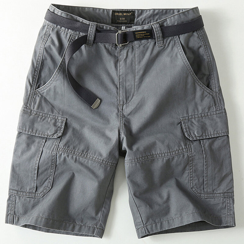 กางเกงขาสั้นคาร์โก้สำหรับผู้ชายกางเกงขาสั้นแฟชั่นสีพื้นแบบลำลองกางเกงฤดูร้อนขาสั้นสีเทา