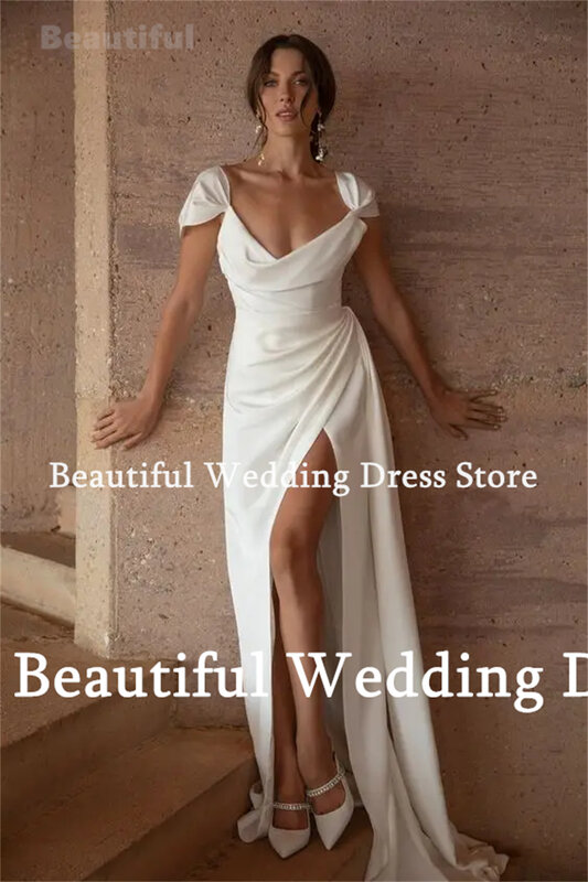 Prosty biały suknia ślubna sleevels czyste satynowe damskie Vestidos nowa seksowna z wysokim wycięciem bocznym syrenka do podłogi suknia ślubna