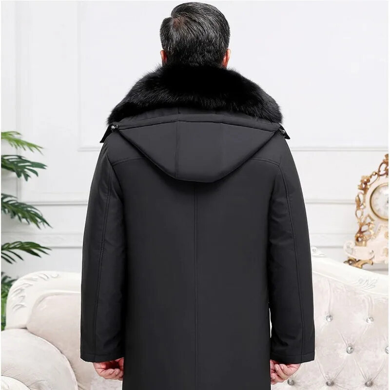 偽の毛皮の襟付きのメンズフード付きジャケット,中年男性用衣服,膝の下,厚みのある,取り外し可能なライナー,お父さんのゆったりとした暖かいコート,厚いパーカー
