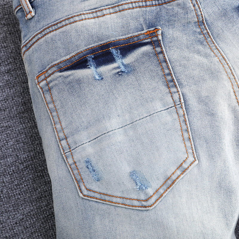 Jeans retrô azul skinny masculino, calça rasgada, designer bandana remendada, marca hip hop, moda de rua alta, jeans fit