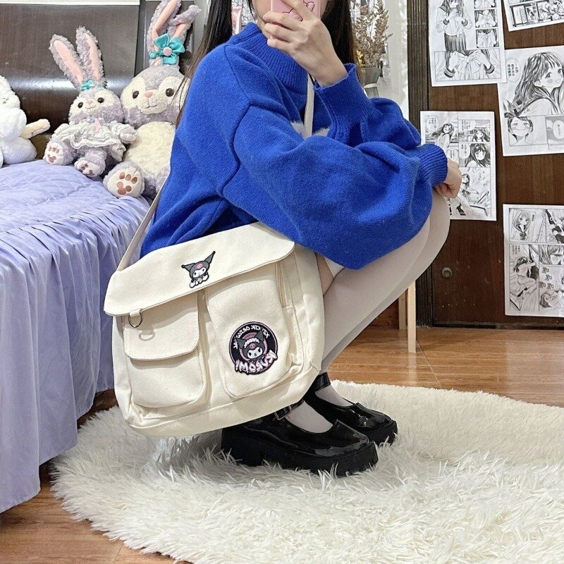 MBTI-Bolsa de Ombro Kuromi branca feminina, casual em lona, estilo universitário, bolsa mensageiro, moda japonesa, bolsa feminina de luxo diária