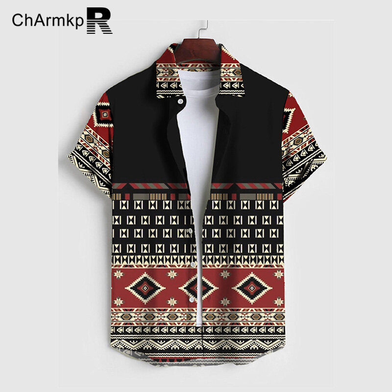 ChArmkpR 남성용 기하학적 프린트 패치워크 셔츠, 반팔 상의, 스트리트웨어, 라펠 티 S-2XL, 2024 여름 패션