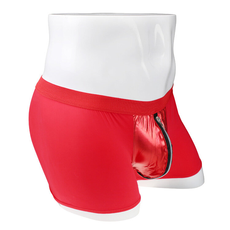 Calça boxer de couro com zíper masculino, cueca cintura média, seda gelada, diversão