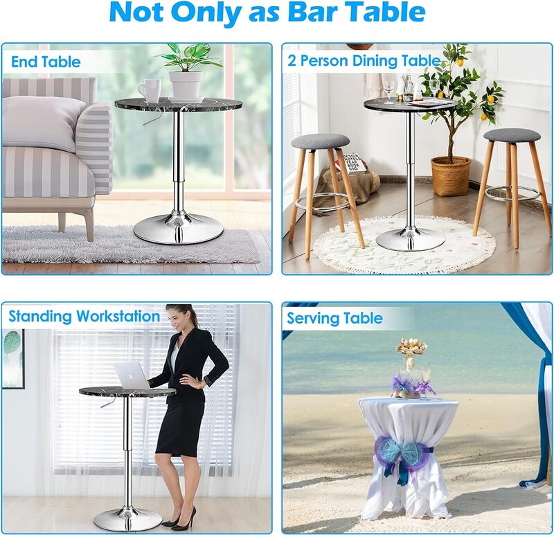 Gantex-高さ調節可能なラウンドパブテーブル、シルバーレッグとベースのカクテルテーブル、バーテーブル、ホーム、オフィス、360 ° 回転