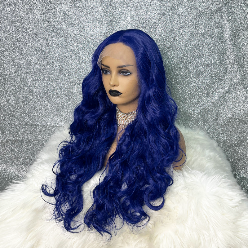 Niebieska peruka długie ciało kręcone peruka syntetyczna wysokiej jakości bezklejowa peruka ciemna niebieska koronka peruka front dla kobiet Cosplay peruki wysokie Densit