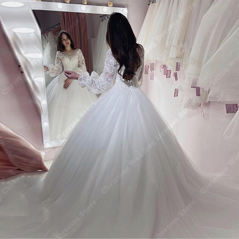 Gaun pernikahan wanita A-Line halus kerah tinggi 2024 gaun pengantin Tulle buatan khusus panjang pel gaun pengantin putri