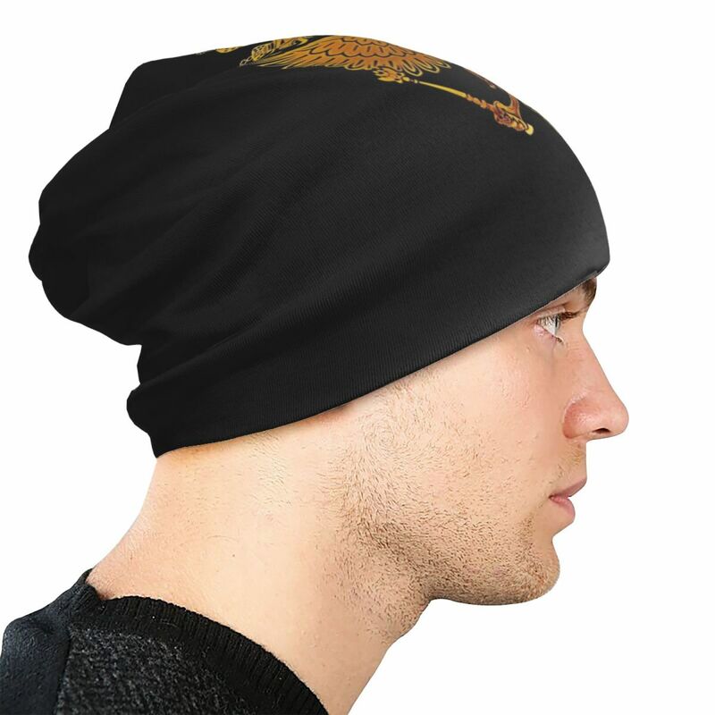 Emblem Rusia mantel lengan emas topi kupluk pria wanita keren topi Ski hangat penggunaan ganda topi rajut