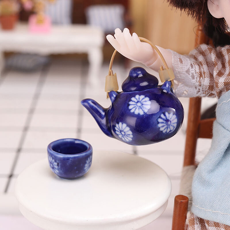 1Set 1/12 Dollhouse Miniature Accessories Mini Ceramics Tea Set Simulation Kettle Plate Cup Model Toys Doll House Decoration