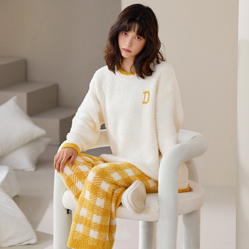 High Quality Fashion Winter Women Pajama Set Warm Flannel Sleepwear Long Sleeve Solid Nightwear