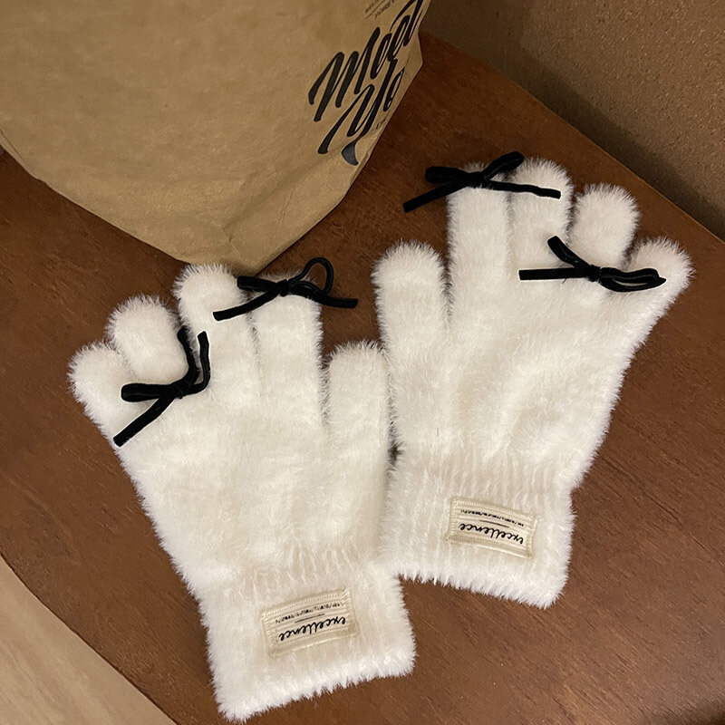 Y2K стиль "Лолита", женские милые пушистые утолщенные перчатки с пальцами для сенсорного экрана, кашемировые мягкие искусственные меховые перчатки