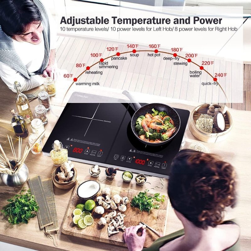 Peralatan masak dengan Sensor sentuh 1800W, 10 tingkat suhu & daya, kontrol independen, waktu 3 jam, kunci pengaman