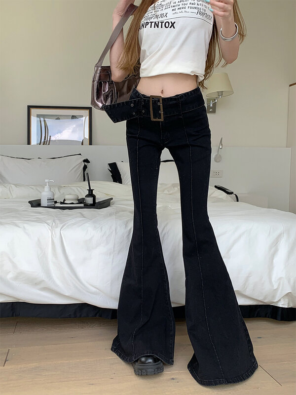 Jeans retrô americano flare para mulheres, cintura baixa, e-girl, calça jeans de algodão preto, moda de rua alta, Y2K
