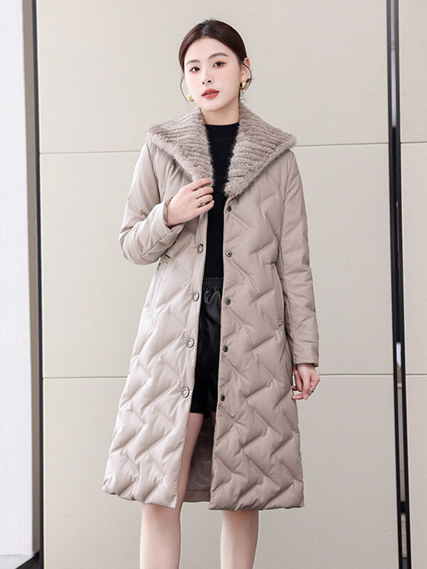 New Women Winter Leather Down Coat Fashion Warm Mink Fur Collar Long Sheepskin Down Coat Split Leather Casual Thick Overcoat