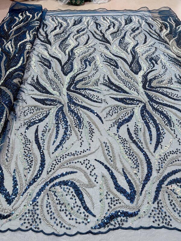 2024 kain Tulle 5 yard kualitas tinggi kain renda Afrika manik-manik renda emas Nigeria kain payet untuk gaun malam pernikahan Sewin