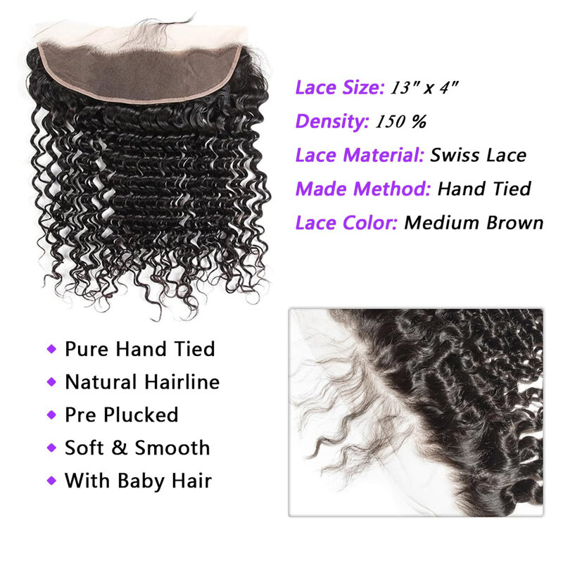 Глубокие волнистые человеческие волосы, искусственная кожа, 13x4 HD, фронтальная сетка с удлинителями, бразильское плетение, 3 искусственных волос с фронтальной сеткой для женщин
