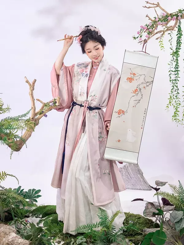 Colete feminino Hanfu rosa bordado, sistema Ming, par de gola alta, manga reta dianteira, kaftan, primavera, Hanfu, original