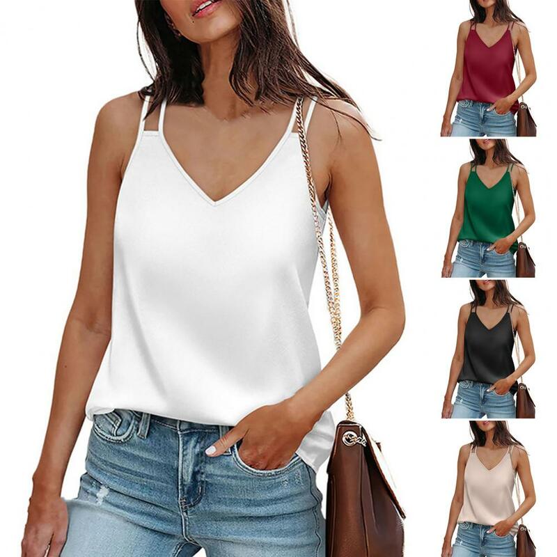 Women Summer Vest V-neck Sleeveless Solid Color Tank Tops Loose Fit Smooth Fabric Camisole Casual Pullover Tops