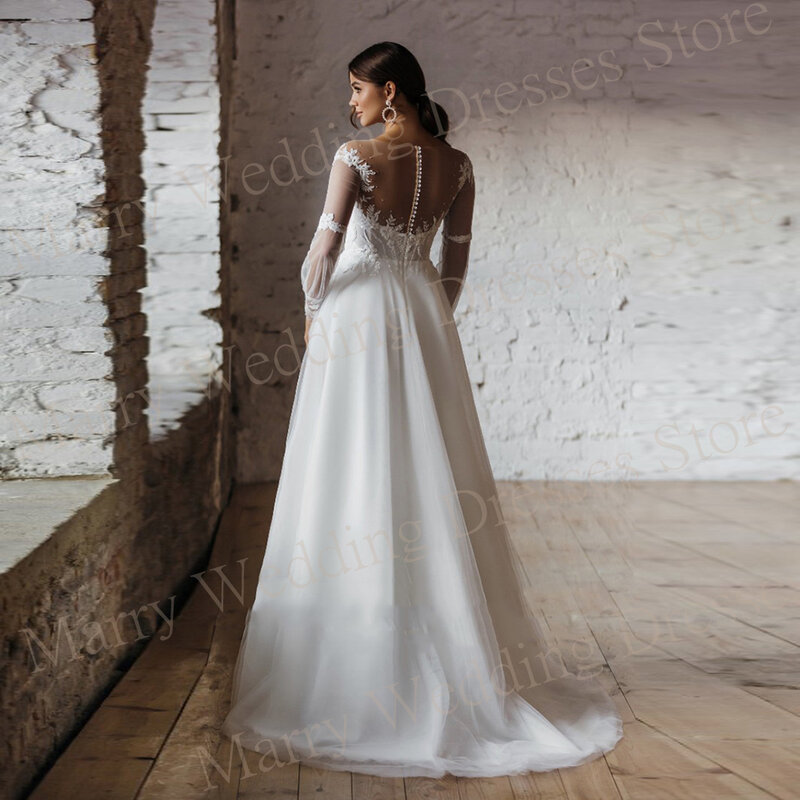 2024 hojne damskie suknie ślubne klasyczne aplikacje z okrągłym dekoltem koronkowe suknie panny młodej iluzja z długim rękawem Vestidos De Novias