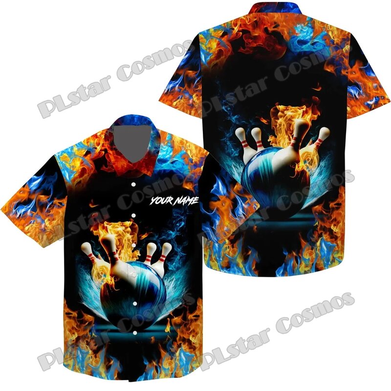 Con palline e spille da Bowling a fiamma personalizza camicia hawaiana da uomo stampata in 3D camicia estiva Unisex Casual a maniche corte con bottoni SH18