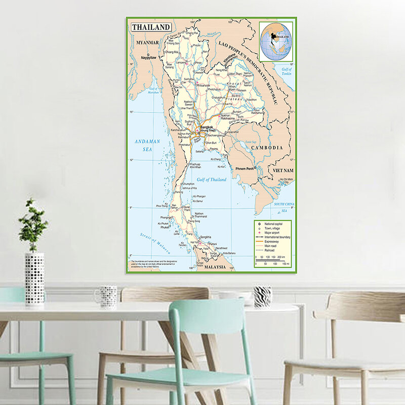 태국 행정적 지도 캔버스 그림 벽 장식 포스터, 액자 없는 인쇄, 거실 홈 데코, 150x225cm
