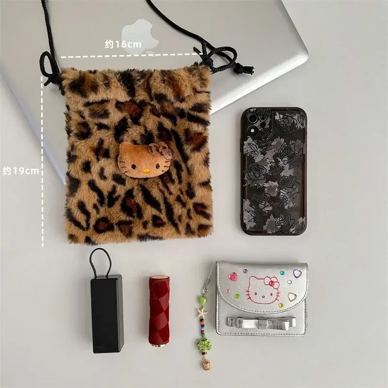 Bolso de teléfono con estampado de leopardo de felpa para mujer, bolsa cruzada con cordón, bolso de hombro Y2k, bolsos de maquillaje, regalo para pareja, Hello Kitty Kawaii