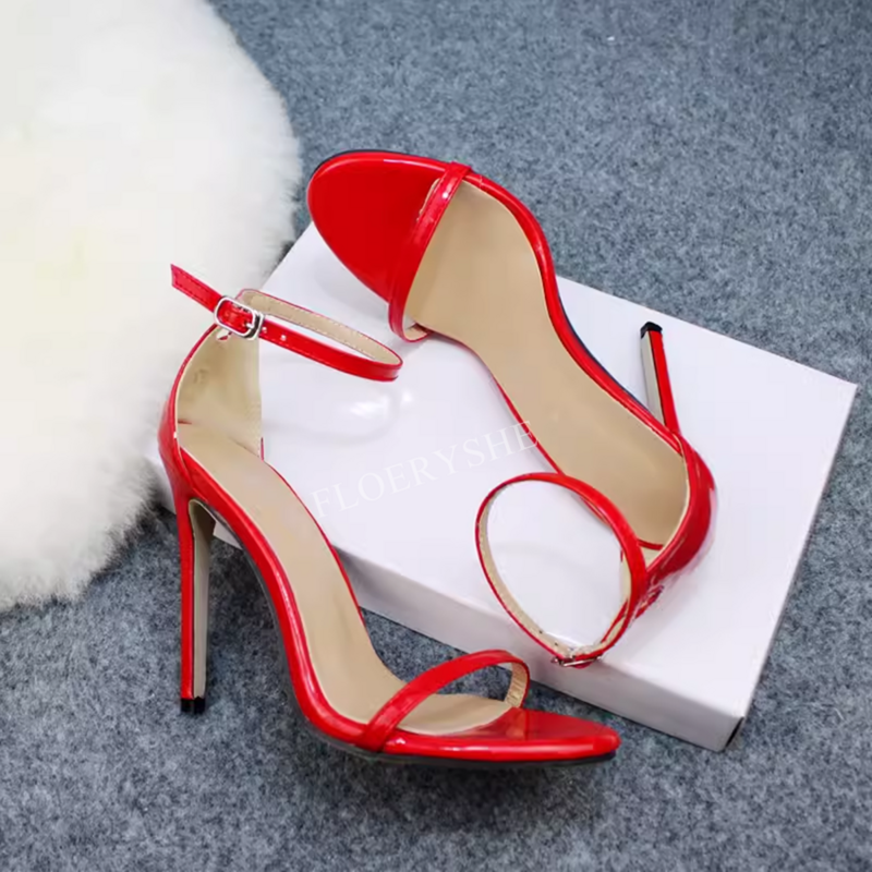 Sandalias de tacón alto y fino con punta redonda para mujer, zapatos de vestir con hebilla y correa en el tobillo, color rojo, color liso, novedad de verano