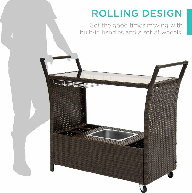 Outdoor Rolling Wicker Bar Cart w/Removable Ice Bucket, Glass Countertop, Wine Glass Holders, Storage Compartments - Brown