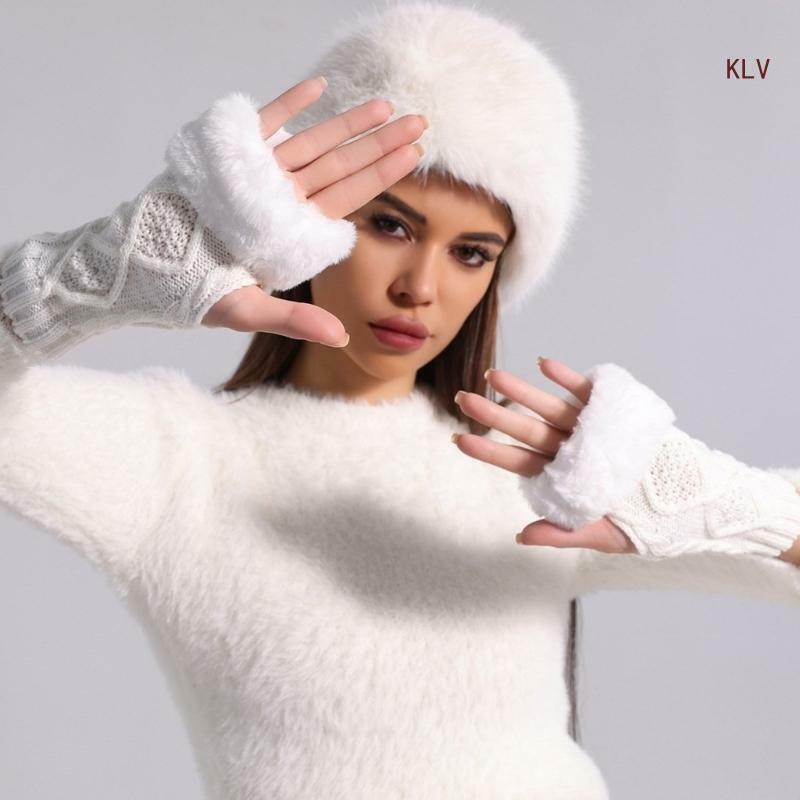 Woman Russian Hat+Wrist Cuffs Set Ladies Mongolian Hat Solid Color Hat Winter Keep Warm Fingerless Gloves