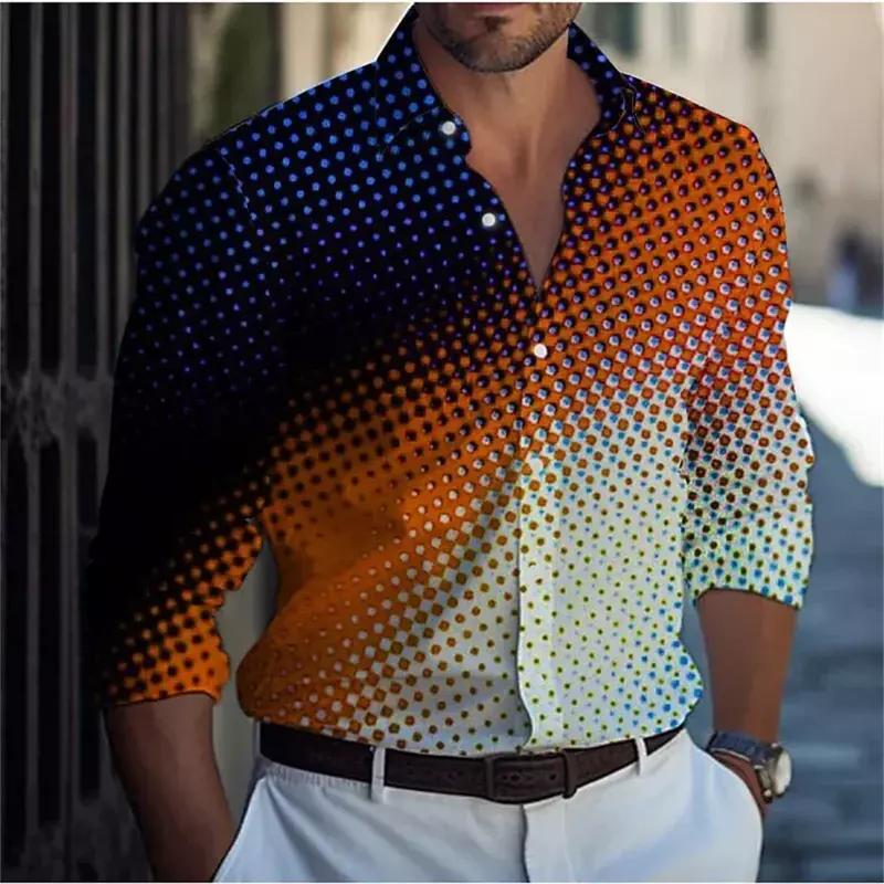 Camicia casual da uomo con colletto abbottonato stampato geometrico sfumato, design alla moda di street designer tessuto confortevole e morbido