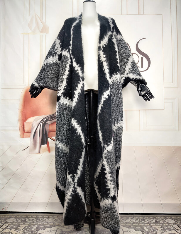 Nieuwe Mode America Blogger Heet Aanbevolen Mozaïek Magenta Trui Kimono 'S Plus Afrikaanse Vrouwen Warme Open Voorkant Lange Vesten