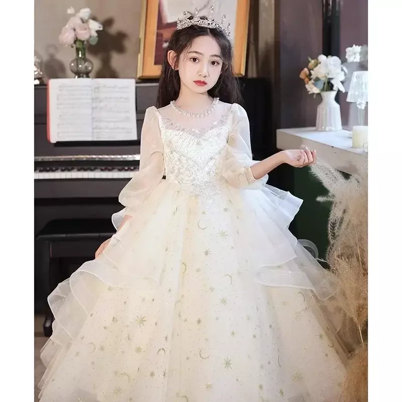 Girl's Evening Dress Princess Dress 2024 Spring New Simple Fluffy Yarn Flower Girl Birthday Host Performance Dress