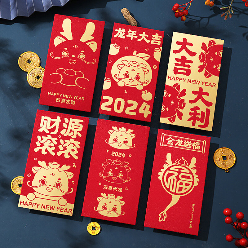 6 шт., красные конверты с изображением дракона, 2024
