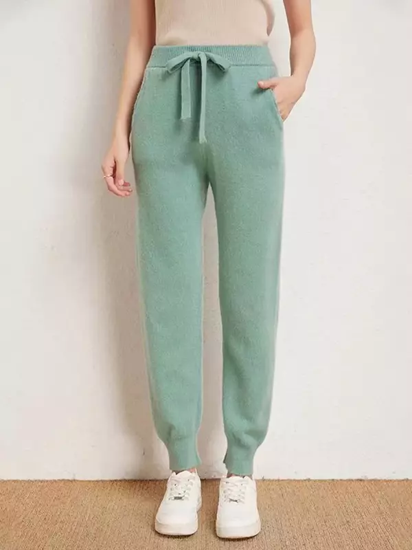 Damskie 100% wełniane spodnie z dzianiny Casual sportowe spodnie dresowe koreańska wersja małe nogawki damskie kaszmirowe spodnie damskie