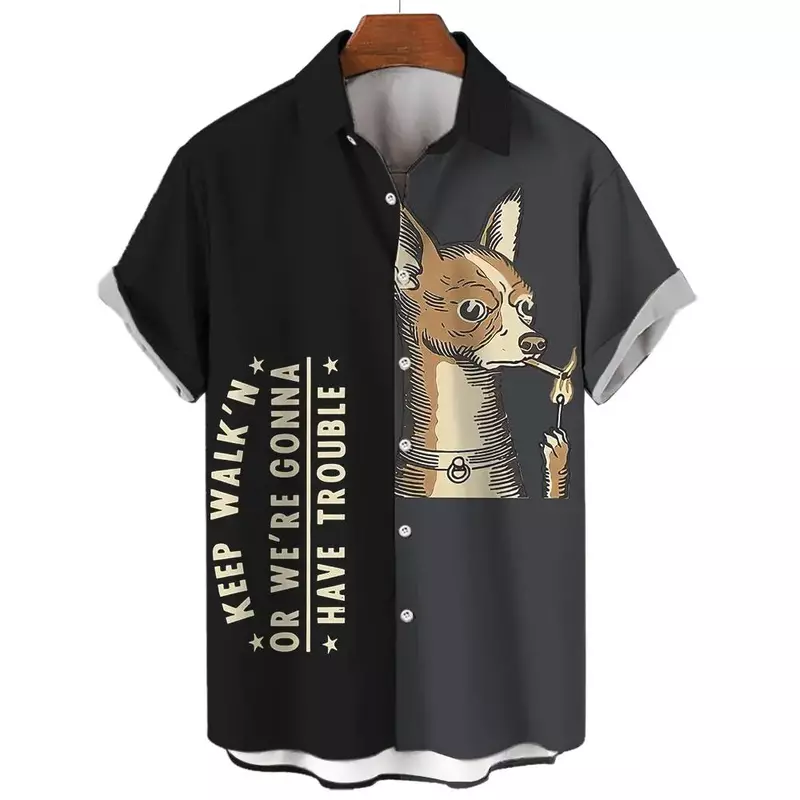 Гавайская рубашка в стиле Харадзюку для мужчин, Повседневная футболка с 3D принтом собаки, кота, с коротким рукавом, с цветами, Ретро стиль