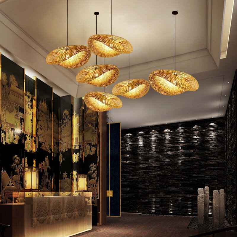 Nowoczesny ręcznie robiony tkane z bambusa LED żyrandol do salonu kuchnia herbaciarnia hotelowa tkane rattanowe lampy wiszące domowe lampki dekoracyjne