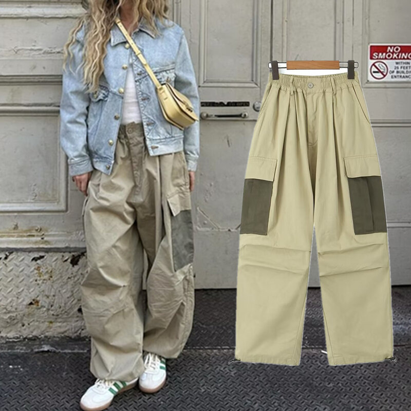 Dave & Di 2023 nowy amerykański Retro wojskowa moda zielone, patchworkowe haremowe spodnie Cargo blogerka spodnie typu Casual kobiet