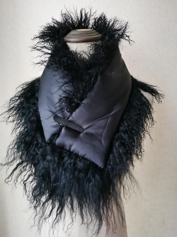 Bufanda de piel de cordero de Mongolia Real para mujer, pañuelo cálido de invierno, rizo Natural, negro