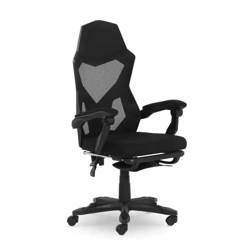 Chaise de bureau de jeu avec support à jambes extensibles, tissu noir, chaise de salon