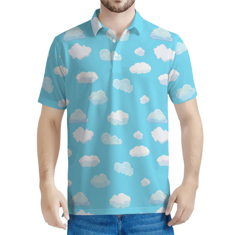 男性用の3Dクラウドプリントと半袖ポロシャツ,クールなグラフィックボタン,カジュアルな夏のTシャツ