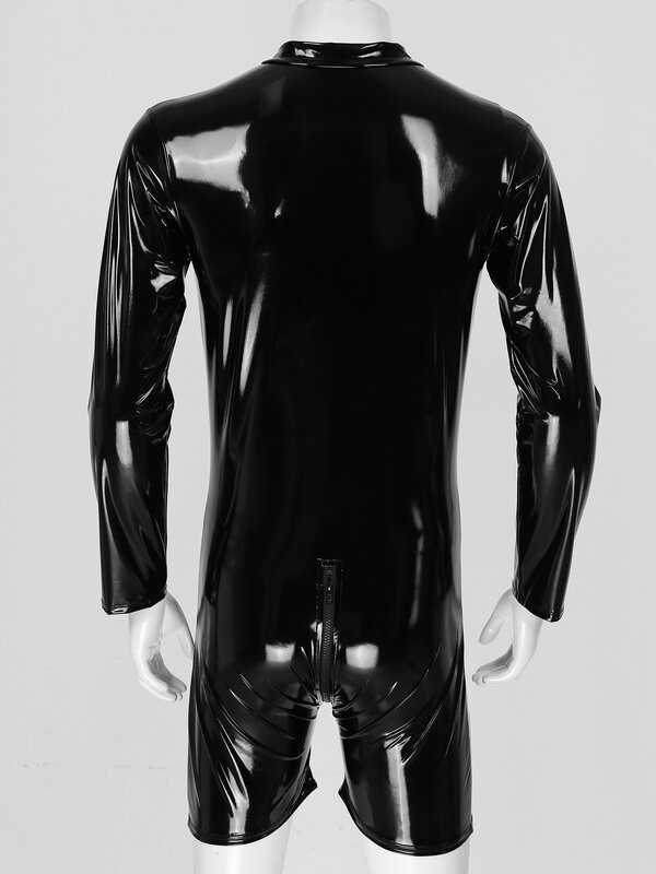 Catsuit maschile in lattice effetto bagnato pagliaccetto in pelle verniciata lucida tuta con cerniera tuta nera a maniche lunghe intimo Club Stage Costume