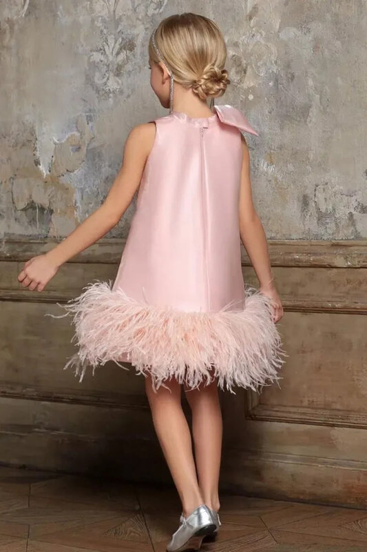 Błyszcząca satynowa suknia wieczorowa z piór dla dzieci dziewczęca sukienka w kwiaty urodziny księżniczki sukienka różowa kokarda Vestido De Festa