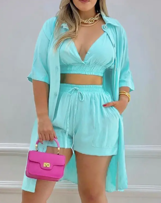 2022 Spring Summer New Casual Solid Color Shorts Suit Sexy Sleeveless Crop Top & Pocket Design Drawstring Shorts Set With Coat