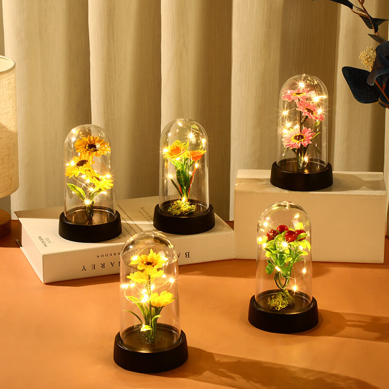 Artificial Flowers LED Luminous Night Light Decoration Desktop Ornaments For Eternal Rose Light Foil Flower Wedding Decor Gifts
