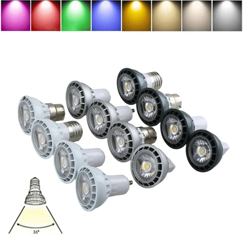 Economia de energia LED lâmpada halógena, ângulo de feixe, projetores COB, E14, E12, E27, E12, GU10, MR16, GU5.3, AC 85-265V, 36 graus, 5W