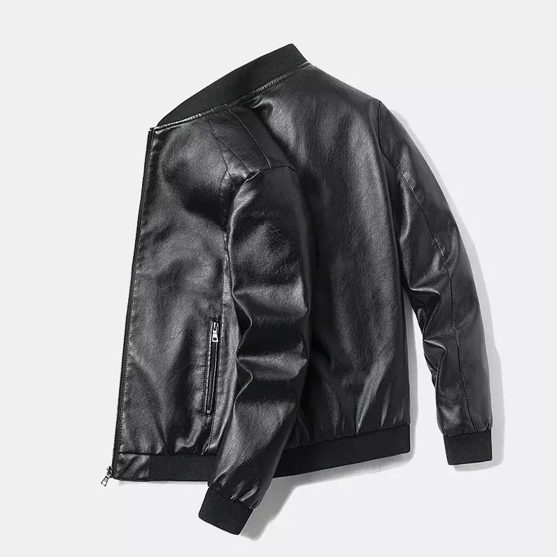 2024 Men Jacket Smooth Faux Leather Spring Jacket Solid Color Elastic Cuff Men Coat Slim Stand Collar Cardigan Jacket Daily Wear