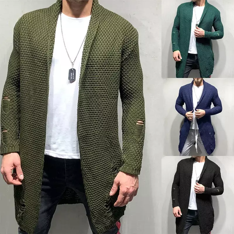 Cardigan solto de comprimento médio masculino, casaco de malha, roupas musculosas, suéter quente, outono, inverno